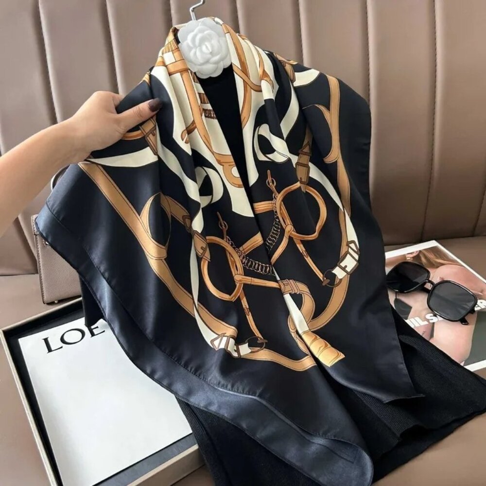2/$30 NEW Black Gold Camel Brown Nautical Antique Baroque Printed Fashion Scarf
